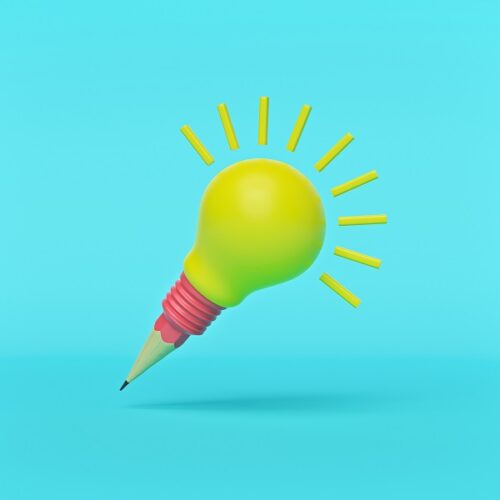 light bulb head pencil isolated on blue background. creative writing concept. minimal idea. 3d rendering