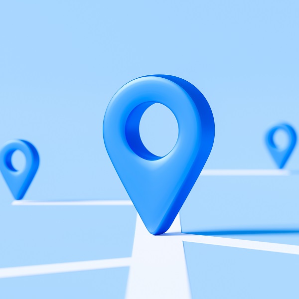 Locator mark of map and location pin or navigation icon sign on blue background with search concept. 3D rendering.