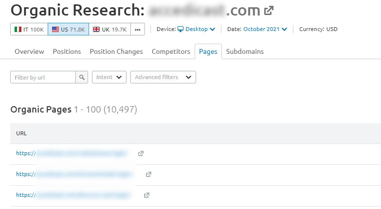 screenshot of website semrush organic research report