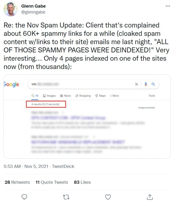 glenn gabe twitter thread screenshot of november spam update